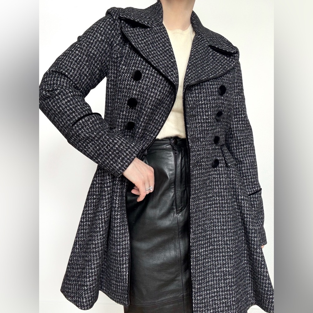 Guess Wool Herringbone Tweed Coat Velvet Trim Babydoll Napoleon Style A Line